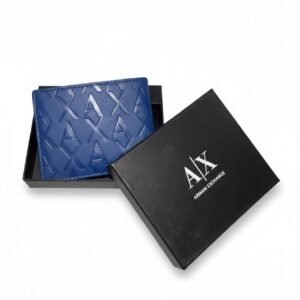 Armani Exchange Iconic Blue Embossed Leather Bi-Fold Wallet in Signature AX Gift Box