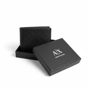 Armani Exchange Signature Black Embossed Leather Bi-Fold Wallet in AX Gift Box
