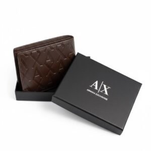 Armani Exchange Signature Brown Embossed Leather Bi-Fold Wallet in AX Gift Box