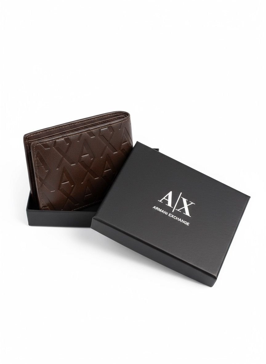 Armani Exchange Signature Brown Embossed Leather Bi-Fold Wallet in AX Gift Box