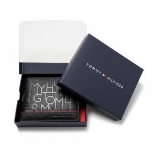 Tommy Hilfiger Iconic Black Embossed Leather Bi-Fold Wallet in Signature Gift Box