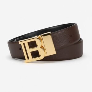 Balmain Signature Gold Logo Leather Belt – Brown