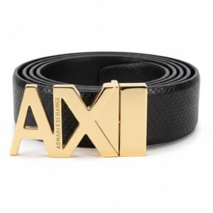 Armani Exchange Gold Metallic Logo Leather Belt – Black
