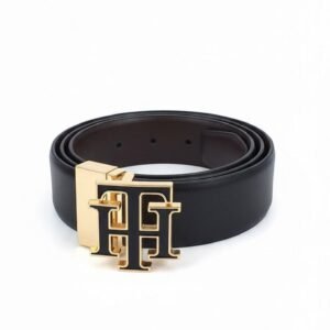 Tommy Inspired Black Leather Belt with Gold "TH" Buckle